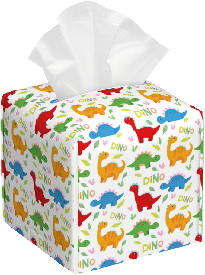 OHEGBXE Tissue Box Holder Cute Dinosaur Square Leather Tissue Box Cover Modern Cube Facial Paper Cover Case for Bathroom Vanity Countertop Night Stands Tabletop