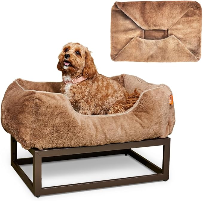 FUZI Elevated Dog Bed Small with Extra Cover, Luxury Raised Dog Beds, Removable and Machine Washable Bed Cover, Indoor/Outdoor Orthopedic Pet Bed, Small 25.1x16.75x18 Light Brown and Dark Brown Base