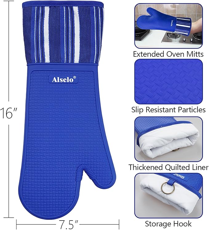 Oven Mitts Heat Resistant Silicone Kitchen Gloves for 550 Degrees with Waterproof and Non-Silp, Oven Gloves for Baking Cooking Barbecue Microwave Machine Washable (Extra Long Navy, 2)