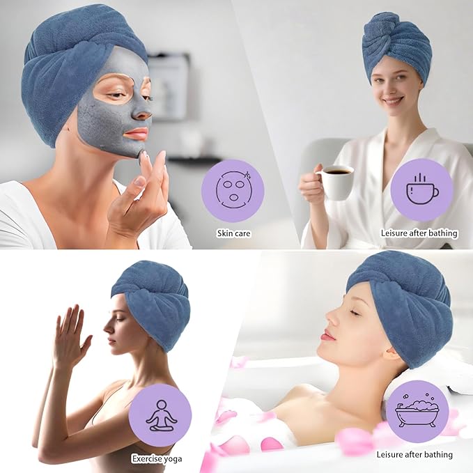 AGKXHDEC 1 Pack Double Layer Microfiber Towel, Hair Turbans for Wet Hair, Drying Hair Wrap for Women(Dark Blue)