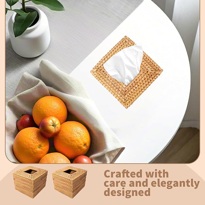 LECEHIVO 3 Pcs Square Rattan Tissue Box Cover Decorative Hand Wicker Woven Tissue Box Holder 5.5'' x 5.5'' x 5.5'' Boho Natural Tissue Cube Napkin Holder for Bathroom, Office, Car Accessories (Wood