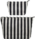 2 Pcs Makeup Bag Set for Women, Travel Cosmetic Bags, Canvas Make up Bag for Purse, Black White Striped Makeup Pouch with Zipper Lining, Cosmetic Storage Car Bag, Portable Large & Small Toiletry
