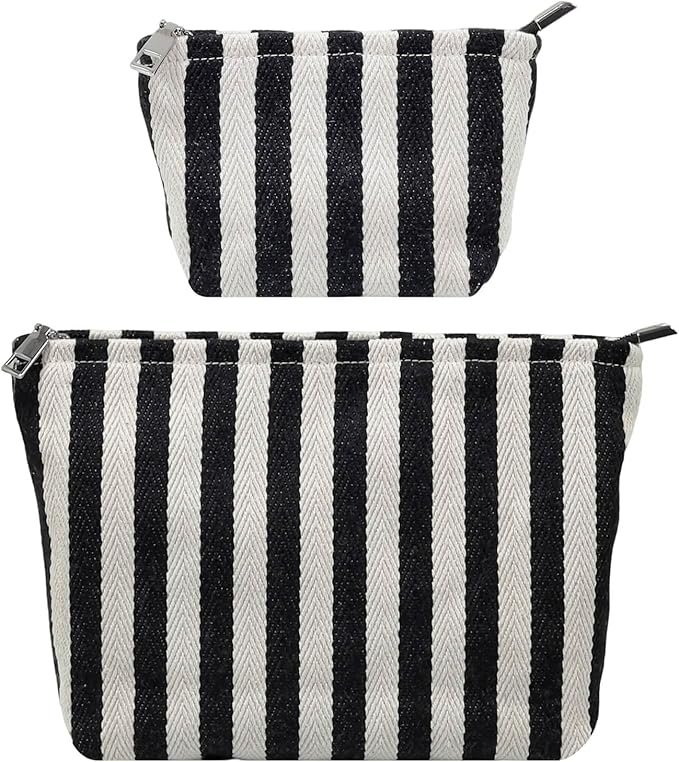 2 Pcs Makeup Bag Set for Women, Travel Cosmetic Bags, Canvas Make up Bag for Purse, Black White Striped Makeup Pouch with Zipper Lining, Cosmetic Storage Car Bag, Portable Large & Small Toiletry