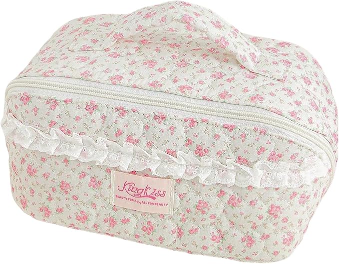 HiTotes Travel Makeup Bag Coquette Floral Cosmetic Bag Quilted Wide Open Lay Flat Toiletry Bag Cute Travel Makeup Pouch