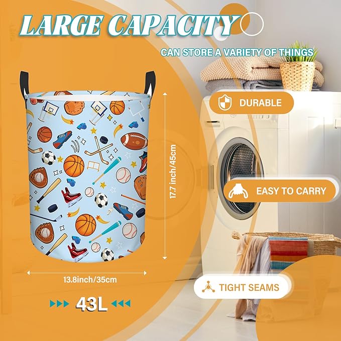 Sports Laundry Basket for Boys and Girls, 43L Round Oxford Cloth Laundry Hamper, Waterproof Collapsible Storage Organizer Bin with Handles for Toys, Gifts for Chritsmas Thanksgiving 13.8x17.7inin