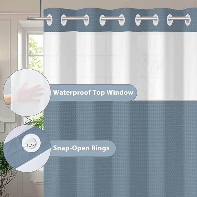 GICDSU No Hook Shower Curtain with Snap in Liner, Waffle Shower Curtain Set for Bathroom, Hotel Style with Semi-Sheer Top Window, Waterproof & Washable, Fog Blue, 59" W x 75" L