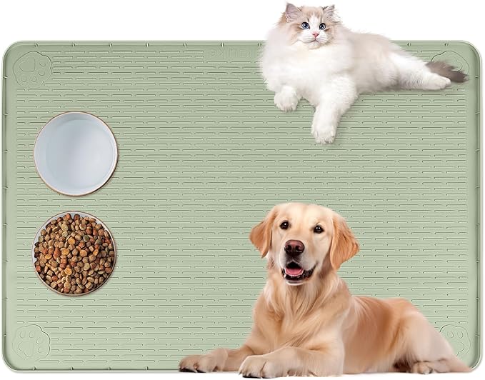 Bartuke Cat Food Mat, 40" x 28" Extra Large Silicone Pet Feeding Mat with Raised Edge Pet Placemat for Food and Water Bowl Non-Slip, Easy to Clean, Floor Protection (Green)