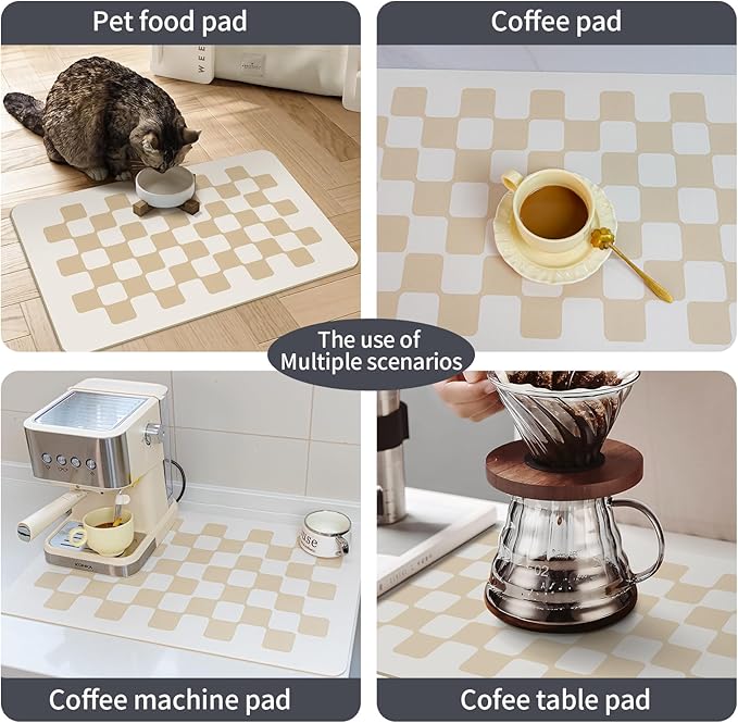 24''x16'' Water Absorbent Dish Drying Mats for Kitchen Counter Checkered Coffee Bar Station Accessories, Easy Clean and Quick Drying,Beige Checkered