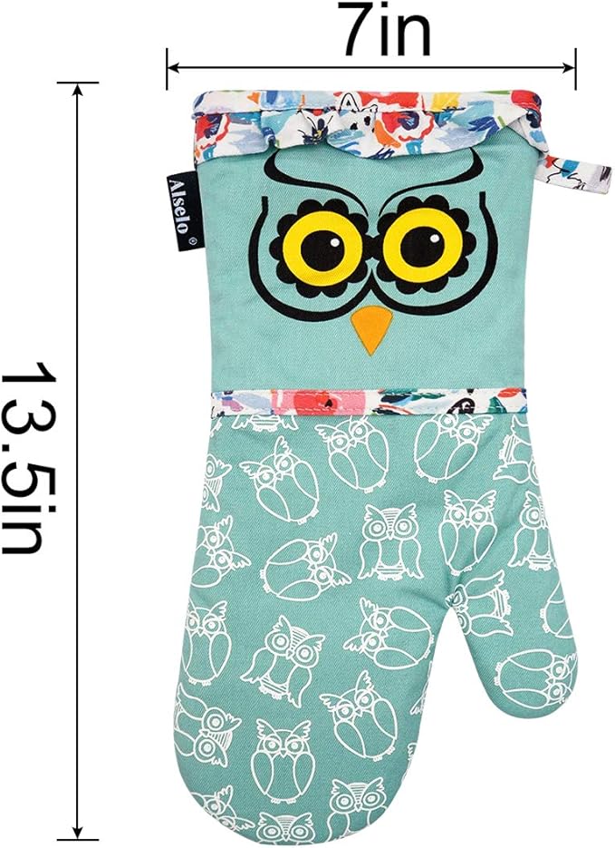 Oven Mitts, Heat Resistant with Soft Quilted Cotton Lining Set of 2, Fashion Animal Design with Silicone Printing Anti-Slip Kitchen Gloves for Safe Backing Cooking Barbecue (Green 2)