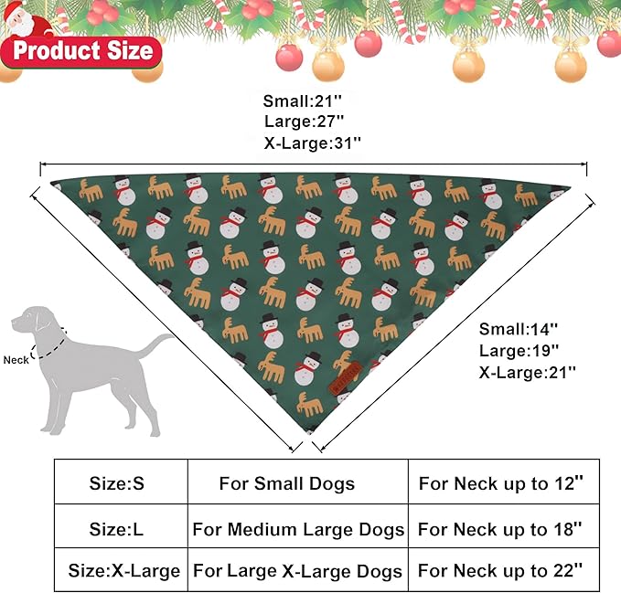 ADOGGYGO Green Christmas Dog Bandana, Snowman Reindeer Mug Pet Scarf, Adjustable Fit Merry Christmas Bandanas for Extra Large Dogs (X-Large)
