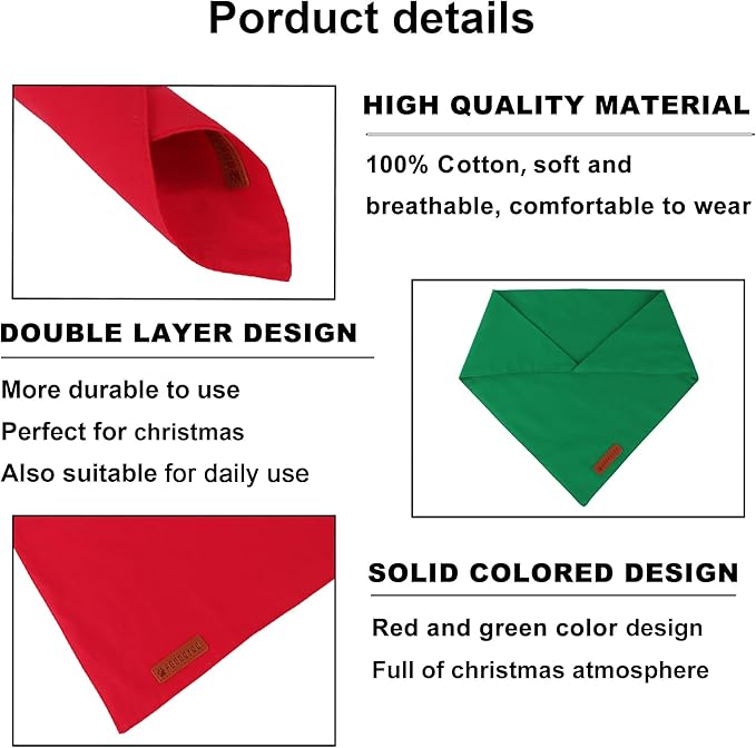 ADOGGYGO 2 Pack Red Green Dog Bandanas, Soft Cotton Solid Color Pet Triangle Scarf, Adjustable DIY Christmas Bandanas for Small Dogs (Small)
