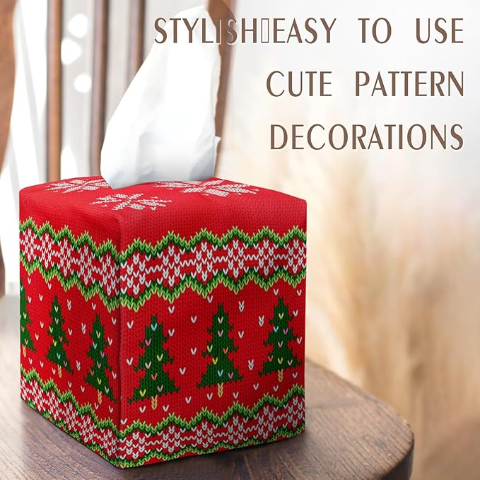 IRADA Tissue Box Cover Square Decorative Tissue Box Holder Cute Funny Cube Tissue Case Cover-Xmas Decor Red Tree Tissue Box Cover