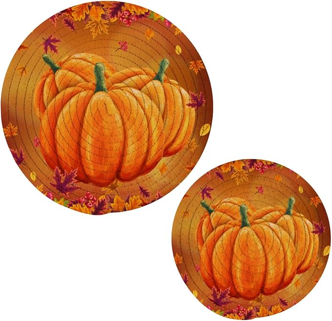 Boccsty Pumpkin Autumn Leaf Trivet Mat 2PCS Round Woven Potholders Kitchen Table Countertop Protector Hot Pads Farmhouse Coasters Counter Mats for Cooking Baking
