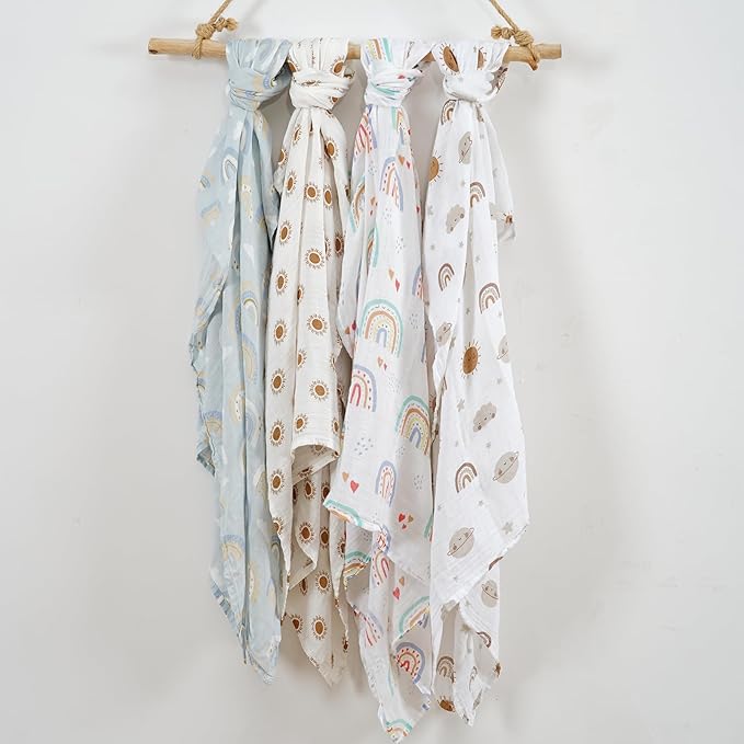 CoolaPeach 4 Set Muslin Swaddle Blankets for Newborn Baby Boys, Girls,Receiving Blankets-Cute Soft Print Baby Towel Wrap 120x110cm Baby(Rainbow)