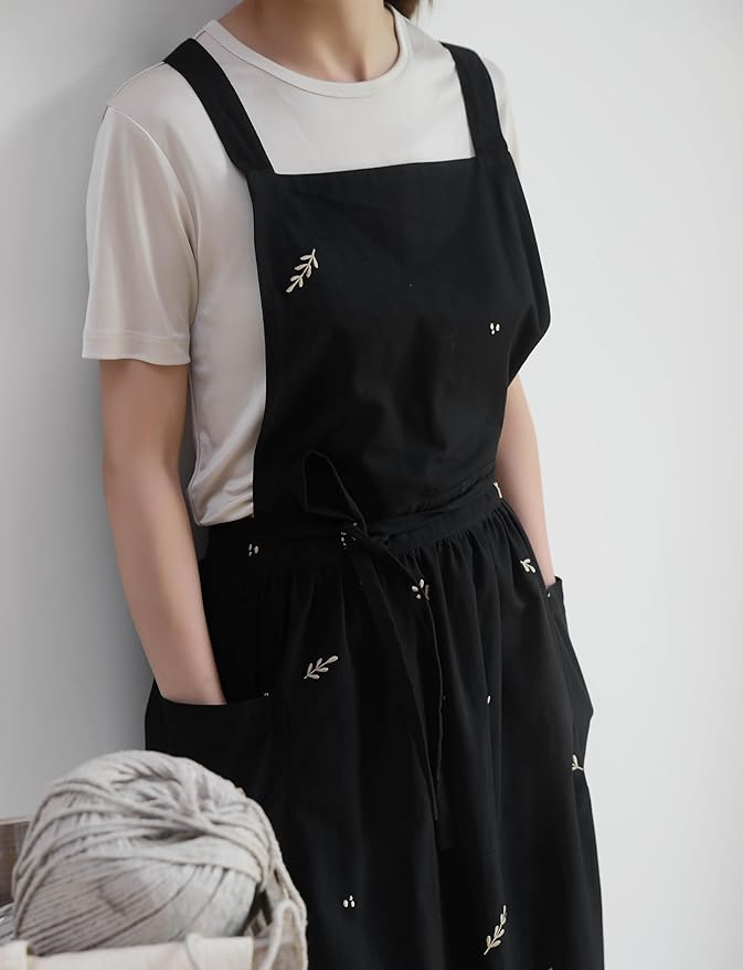 Japanese apron Women-Cross Back Apron for Women with Pockets, Pinafore Aprons, Womens Cotton Linen Apron