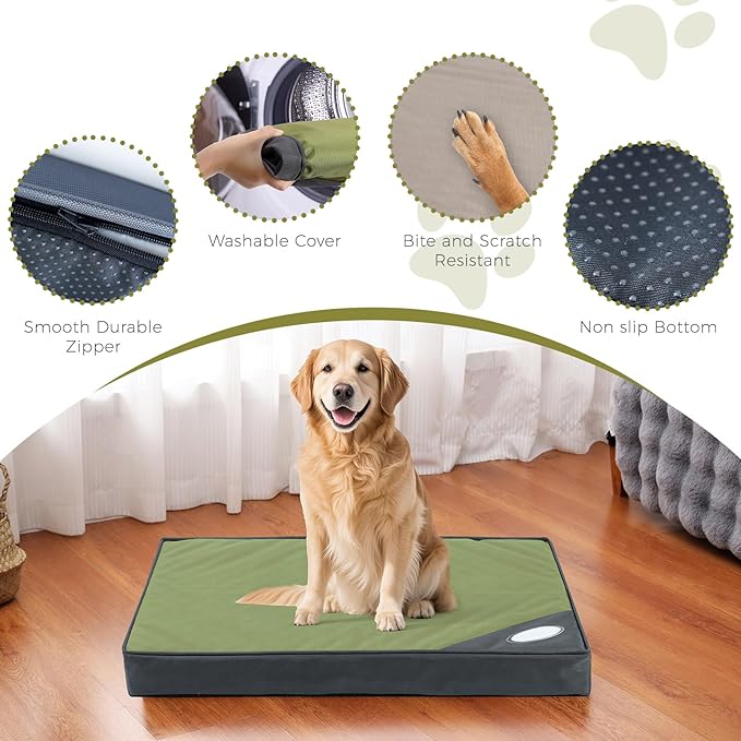 OUPEIWAWA Orthopedic Outdoor Waterproof Dog Beds for Large Dogs, Washable Pet Bed with Egg Crate Foam Pet Bed Mat for Crate and Removable Oxford Fabric Cover,41"x 29", Dark Green