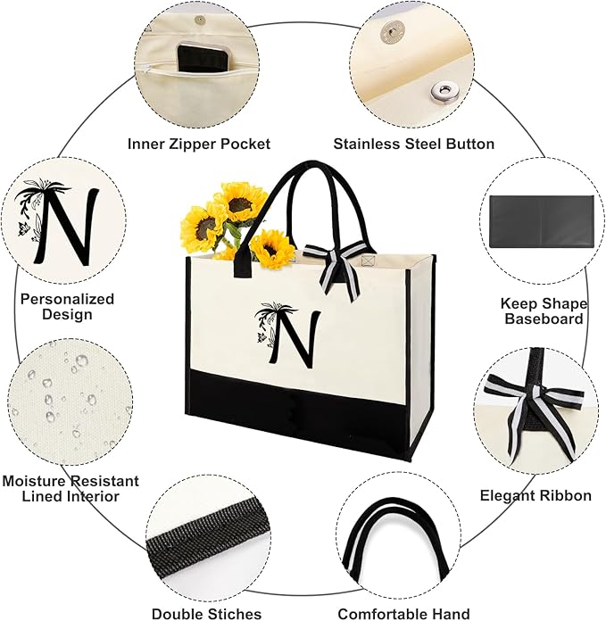 Personalized Gifts for Women - Initial Canvas Tote Bag & Makeup Bag, Custom Bags for Beach, Christmas, Wedding, Birthday, Holiday, Monogram Birthday Gifts for Women, Mom, Wife, Teacher, Friend - N
