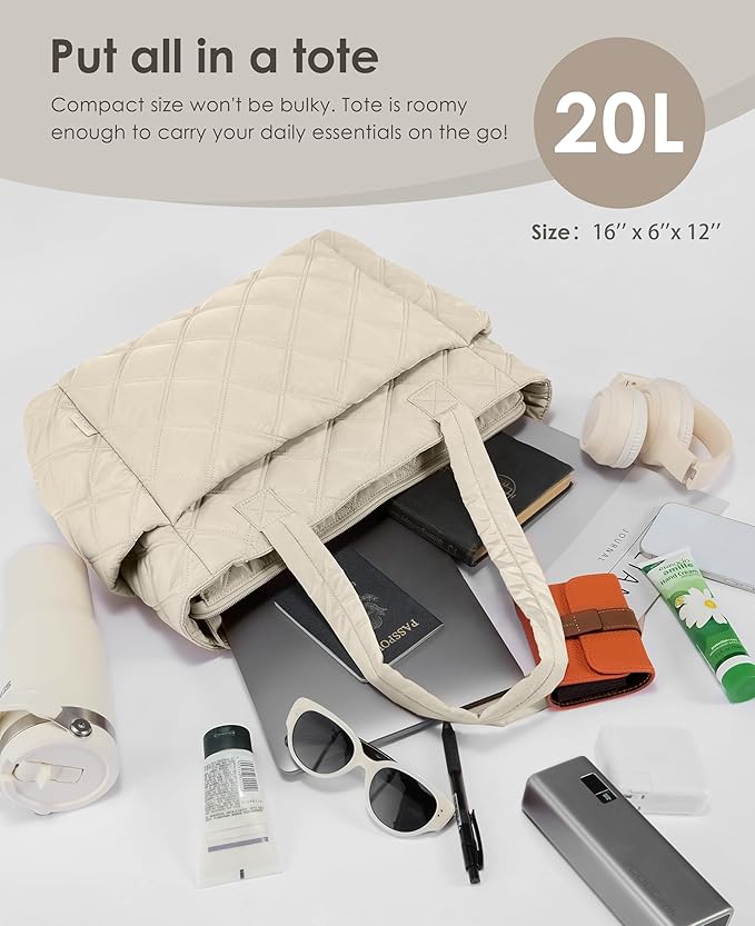 Uselike Tote Bag for Women, Lightweight Puffer Tote Work Bags with Compartments for Travel, Quilted Shoulder Bag with Zipper