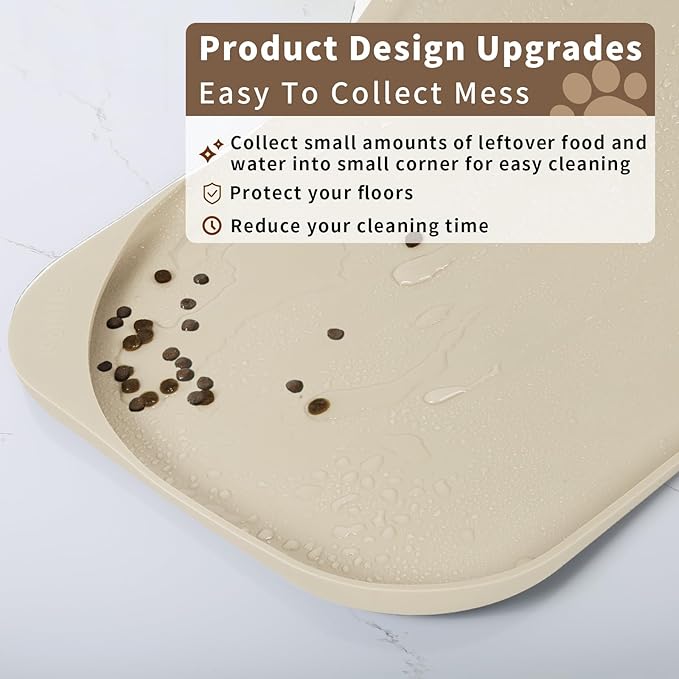 Smilool Silicone Pet Food Mat with Raised Edge for Food and Water Bowl, Dog Feeding Mats, Cat Food Trays for Floor Waterproof, Rubber Tray for Dogs and Cats, 17 x 12 x 0.7 Sand White (Yellow Cast)