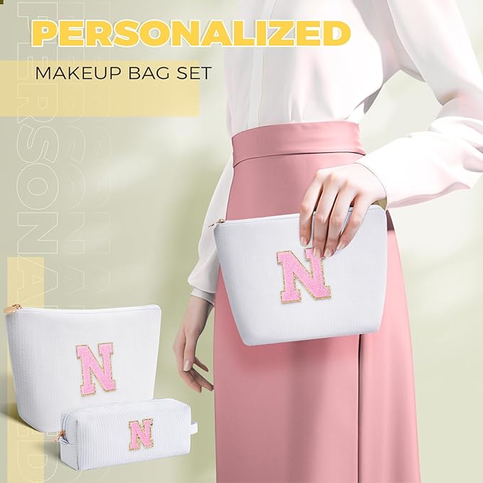 Btffitting Personalized Makeup Bag for Women Girls - Fashion Cosmetic Bag Trendy Travel Toiletry Bag with Initials Letter - Teen Gifts - White,N