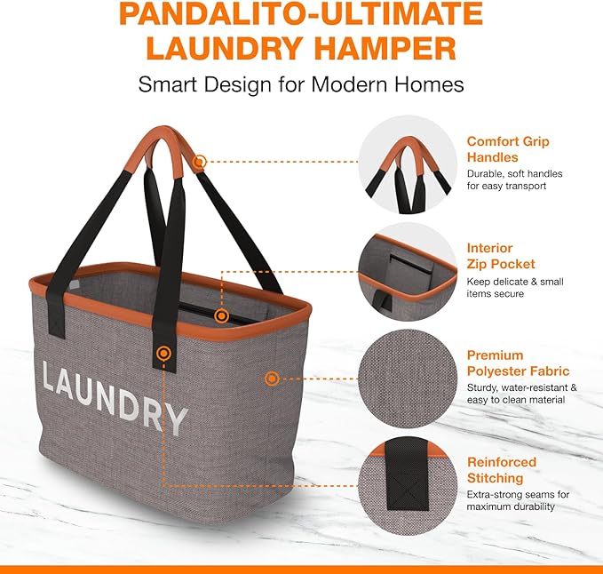 PANDALITO Collapsible Laundry Baskets (1 Pack) with Zip Pocket & Bonus Mesh Bag - Foldable Laundry Basket for Dirty Clothes, 10 Gallon Hamper Bin for Nursery, Dorm, RV, Apartment, Small & Portable