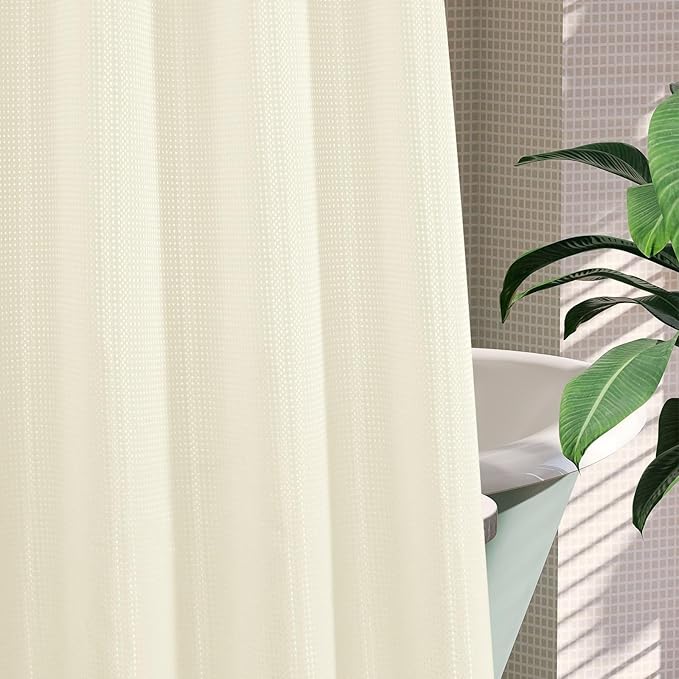 MitoVilla Ivory Long Shower Curtain Liner Set 72 x 80, No Hooks Needed 80 inch Long Heavyweight Waffle Fabric Shower Curtain Set with Snap-in Liner for Hotel Grade Spa-Like Bathroom Decor, Ivory/Beige