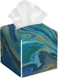 POIUBLE Leather Tissue Box Holder Blue and Gold Liquid Marble Tissue Box Cover Square Waterproof Tissue Holder Organizer Modern Napkin Holder for Bedroom Dresser Night Stand Office Desk