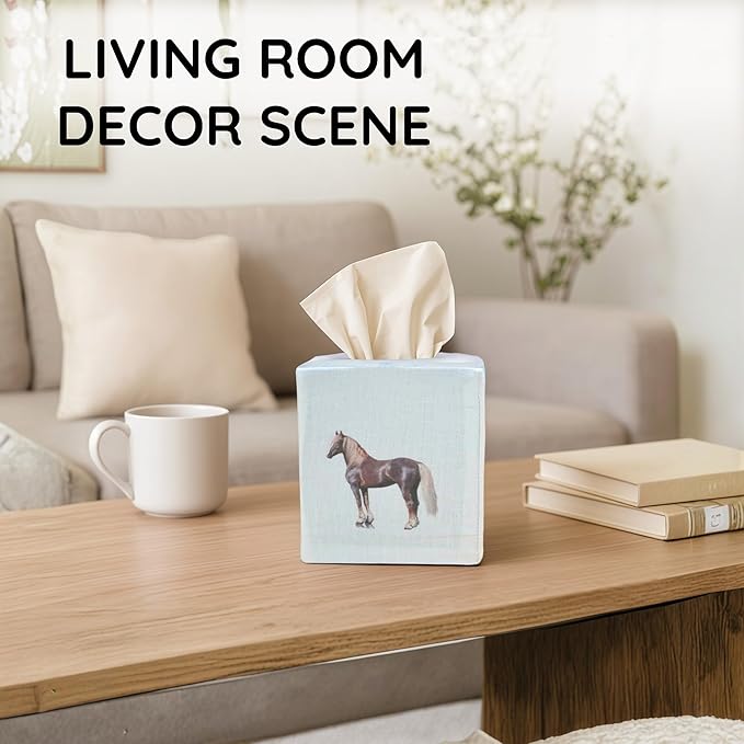 EmbroideryLinen.VN Tissue Box Cover Set of 2, Square Linen Tissue Holder, Printed Animal Pattern, 4.5x4.5x5.5 Inches, Decorative Holder for Bathroom, Living Room, Office (Horse - Ivory & Pink)