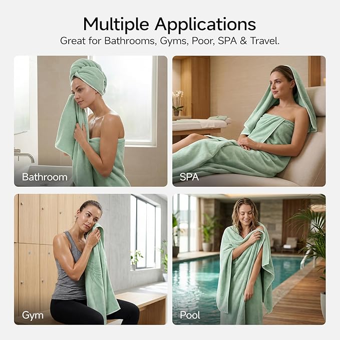 REDKISS 2 Pack Microfiber Extra Large Bath Sheets, 35 x 70 Inches, 670G, Soft and Absorbent, Quick Dry Oversized Bath Towels, Perfect for Bathroom, Plush Shower Towels for Spa, Gym & Hotel, Green