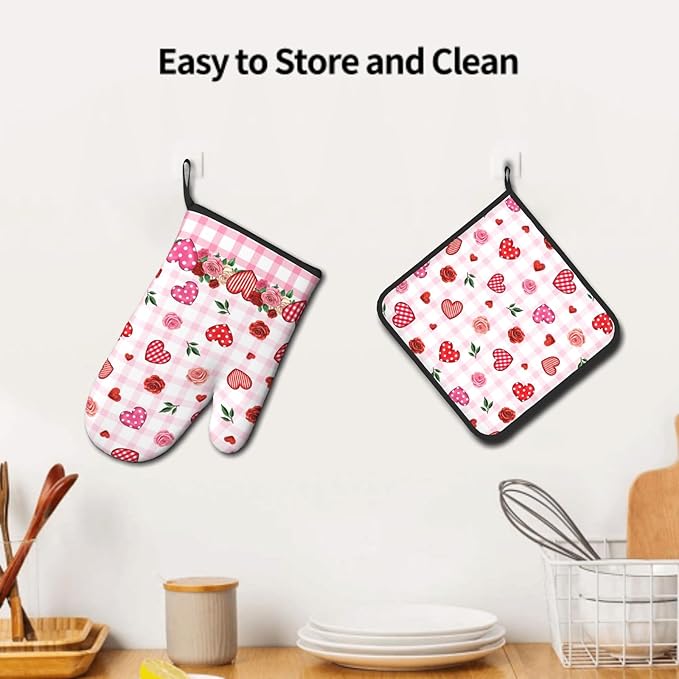 Mother’s Day Rose Flowers Kitchen Gloves Hot Pads Sets 2Pcs，Red Love Hearts Stripe Buffalo Plaid Heat Resistant Oven Gloves Pot Holders for Chef Cooking Baking Kitchen Decoration