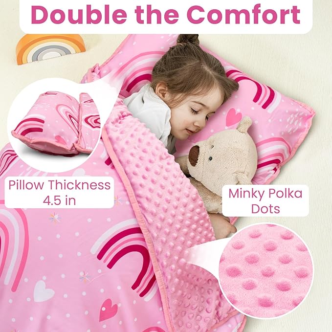 Beavtaens Toddler Nap Mat with Pillow and Minky Blanket, Large 55"x35" Sleeping Bag, Washable, Lightweight, Easy to Roll, Perfect for Preschool, Daycare, Kindergarten, Travel, Boys and Girls(Rainbow)
