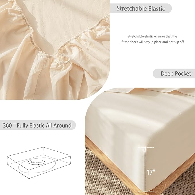 MooMee Bedding Sheet Set 100% Washed Cotton Linen Like Textured Breathable Durable Soft Comfy (Solid Sandy Beige, King)