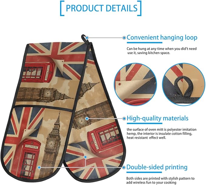 Long Double Oven Mitt for Baking London Red Telephone Booth Big Ben Union Jack Heat Resistant Quilted Double Oven Glove Potholder for Cooking Grilling Christmas, Washable