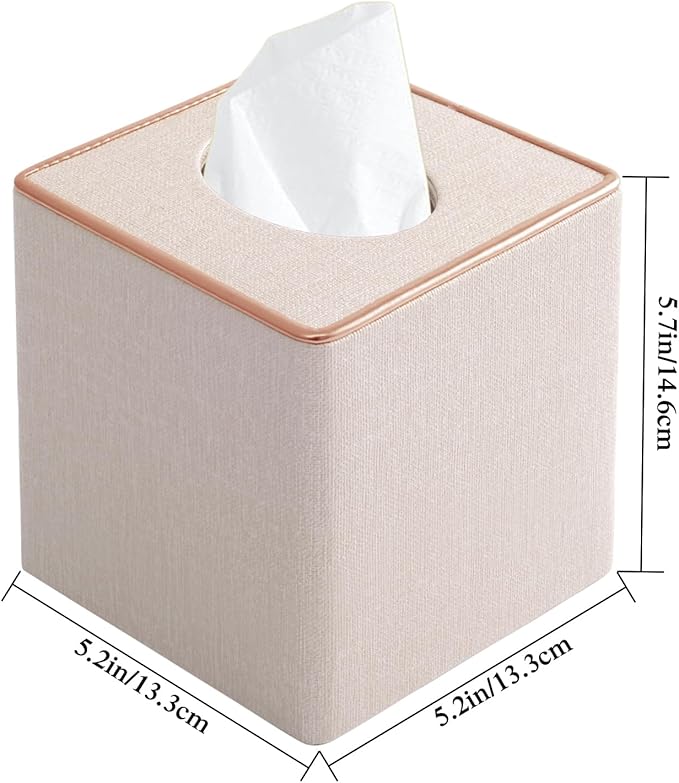 RHCSZ Linen Square Tissue Box Cover,Cube Tissue Box Holder－Excellent Rosegold Leather Decoration,Table Napkin Case Dispenser,Facial Tissues Organizer with Magnetic Bottom for Home Office Car(Beige)