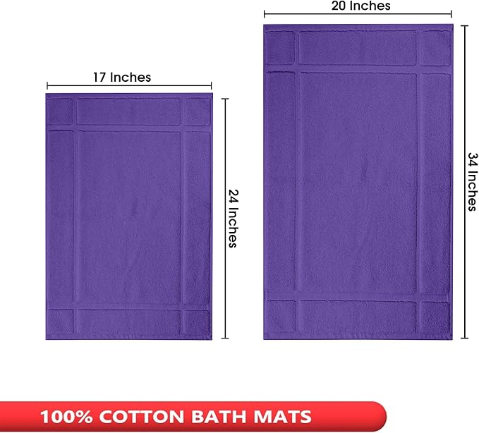 Ample Decor Bath Mats 100% Cotton 24 X 17 & 34 X 20 Inches, Oeko Tex Certified 1350 GSM Solid Construction Thick & Plush, Super Absorbent for Bathroom Floor, Shower – Purple