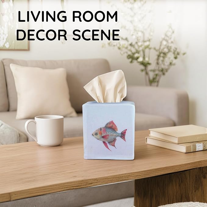 EmbroideryLinen.VN Tissue Box Cover Set of 2, Square Cotton Tissue Holder, Printed Animal Pattern, 4.5x4.5x5.5 Inches, Decorative Holder for Bathroom, Living Room, Office (Fish)