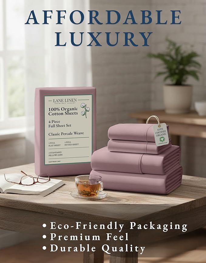 LANE LINEN Eco Friendly 100% Organic Cotton Bed Sheets Full Size, Fully Elasticized Reinforsed Seams, Machine Washable Naturally Cooling Full Sheet Deep Pocket Bedding- Lilac