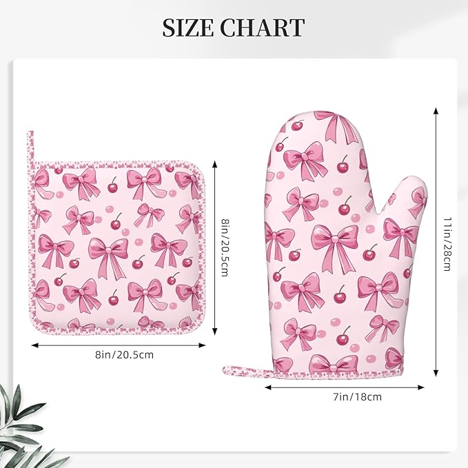 Oven Mitts Pot Holders Set Pink Bow Pattern Cherry Silicone Kitchen Gloves Potholders Heat Resistant for Chef Baking Cooking Grilling BBQ 4 Pack Mitt