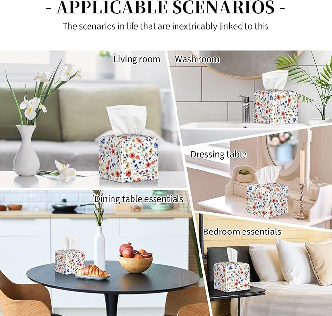 PVC Tissue Box Cover Holder,Watercolor Flower Square Decorative Organizer,5.2"X5.2"X5.2" Tissue Case for Bathroom,Tabletop,Car,Office