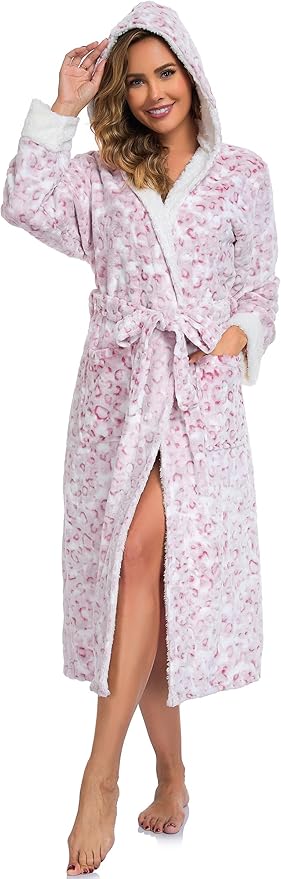 RONGTAI Womens Plush Fleece Hooded Bathrobe, Thick Nightgown Long Robe Sleepwear with Two Side Pockets and Belt