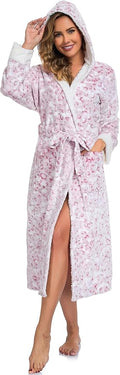 RONGTAI Womens Plush Fleece Hooded Bathrobe, Thick Nightgown Long Robe Sleepwear with Two Side Pockets and Belt