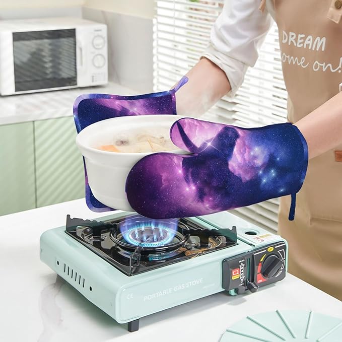 Purple Unicorn Galaxy Star Oven Mitts And Pot Holders Set Of 4 Silicone Heat Resistant Oven Mitten Potholders Non Slip Gloves Kitchen Decor For Bbq Cooking Grilling Baking
