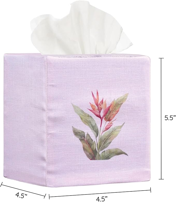 EmbroideryLinen.VN Tissue Box Cover Set of 2, Square Linen Tissue Holder, Printed Floral Design, 4.5x4.5x5.5 Inches, Decorative Holder for Bathroom, Living Room, Office (Rose & Bird of Paradise)