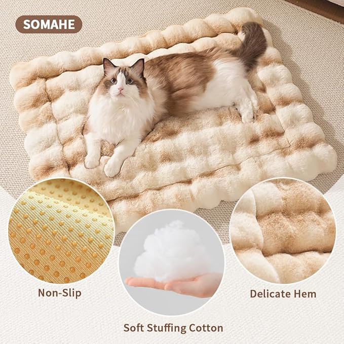 SOMAHE Cat Bed Ultra Soft Plush Machine Washable Pet Mat with Non-Slip Rubber Bottom for Indoor Cats & Dogs Faux Fur Cushion Pad for Floor Couch Carrier for Kittens & Puppies 23 x 15 Inch Medium Camel
