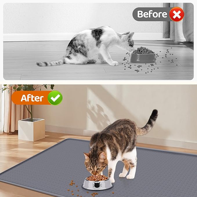 Bartuke Cat Food Mat, 51" x 25.6" Extra Large Silicone Pet Feeding Mat with Raised Edge Pet Placemat for Food and Water Bowl Non-Slip, Easy to Clean, Floor Protection (Dark Grey)