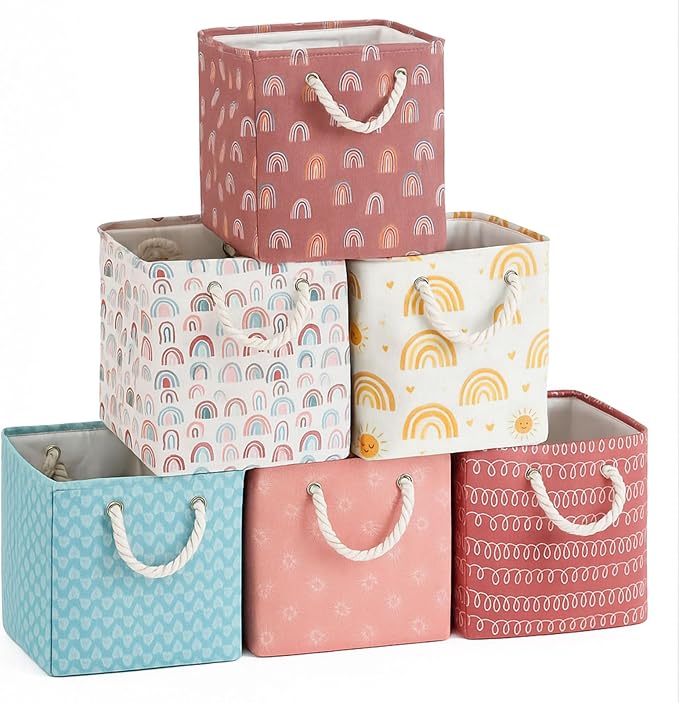 Geiserailie 6 Pcs 11 x 11 Inch Cube Storage Bins Fabric Storage Organizer Bins Foldable Cube Baskets with Sturdy Carry Handles Wicker Baskets for Home(Boho Rainbow)