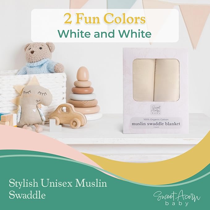 Sweet Acorn Muslin Swaddle Blanket – Soft Cotton Muslin Baby Blanket for Newborns, Infants, and Toddlers, All-Season Comfort Baby Essential - White