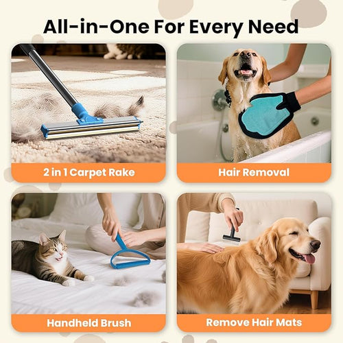 4 in 1 Carpet Rake for Pet Hair Removal - Dog Cat Fur Remover Scraper Broom, 48" Adjustable Carpet Rake, Hair Removal Glove, Handheld Brush, Grooming Brush, Cleaner Tools for Rugs, Mats, Sofa, Bed
