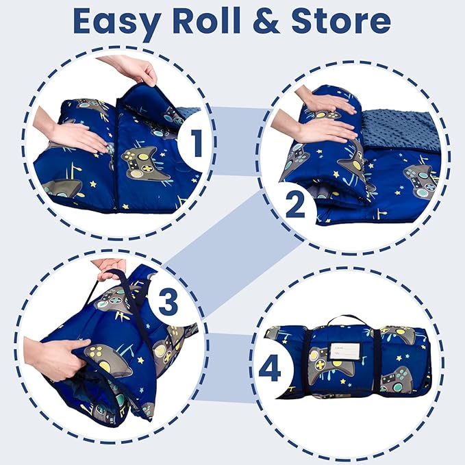 Beavtaens Toddler Nap Mat with Pillow and Minky Blanket, Large 55"x35" Sleeping Bag, Washable, Lightweight, Easy to Roll, Perfect for Preschool, Daycare, Kindergarten, Travel, Boys and Girls(Gamepad)