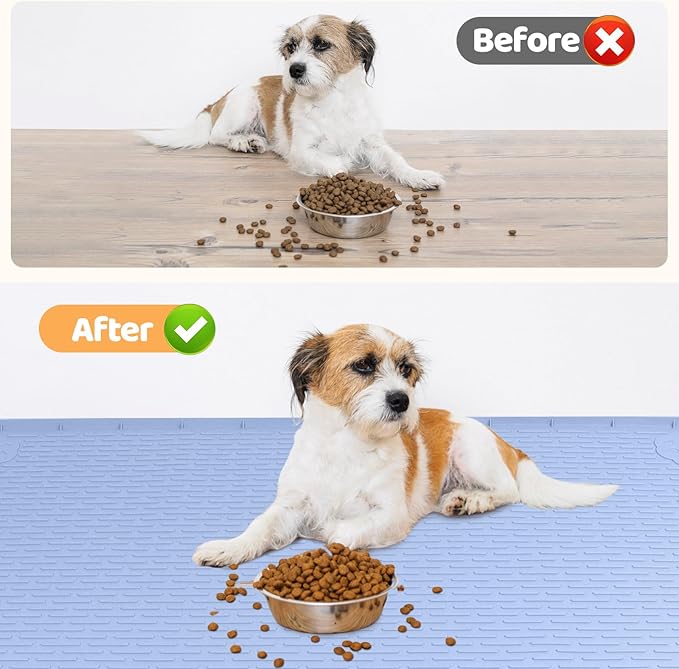 Bartuke Dog Food Mat, Extra Large 40" x 28" Silicone Pet Feeding Mat with Raised Edge Pet Placemat for Small, Medium, and Large Pets Non-Slip, Easy to Clean (Blue)